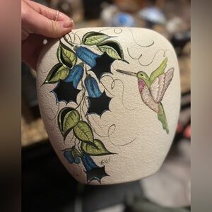 Hand-Painted Hummingbird & Flower Large Vase Signed Decorative 8.5in High